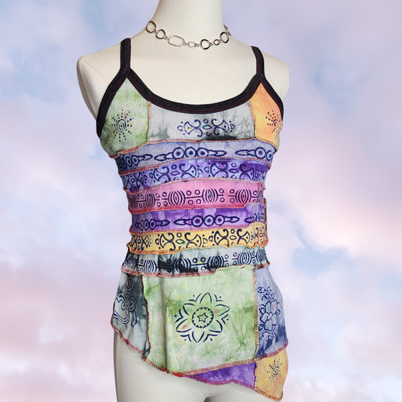 Colorful Tye Dye Patchwork Boho Festival Hippie Cotton Asymmetrical Tank Top - Picture 2 of 7
